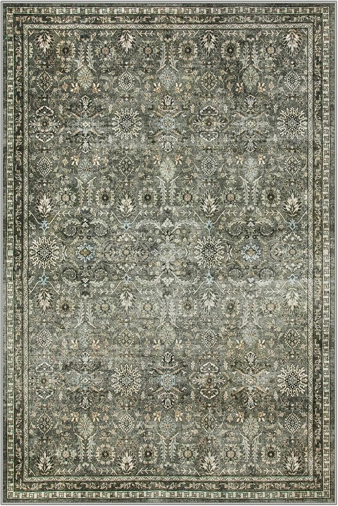 Lahome Sage Green Area Rug 6x9, Machine Washable Rugs for Living Room, Boho Vintage Soft Bedroom Carpet for Dining Room Nursery Apartment Office, Dark Green