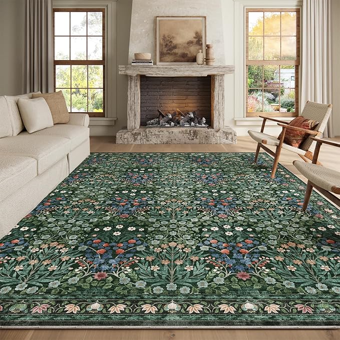 Floral Dark Green Area Rugs 8x10, Soft Washable Non-Slip Boho Forest Large Rug for Living Room, Bedroom, Farmhouse Dining Room & Office