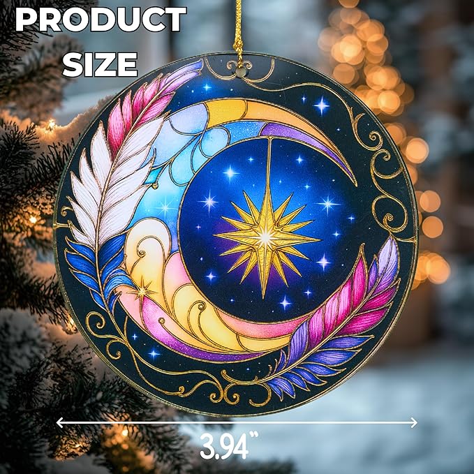 Sun and Moon Decor Decorative Ornament for Christmas Ornaments, Celestial Decor Round Acrylic Hanging, Stained Glass Effect Window Hanging Style, Thanksgiving Gifts, Moon Gifts for Women