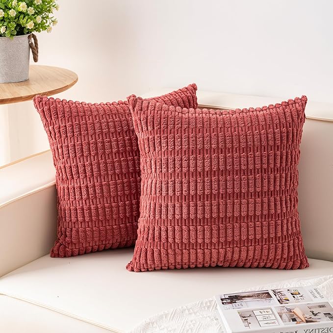 Aegero Pack of 2 Corduroy Decorative Throw Pillow Covers 18x18 InchSoft Boho Striped Pillow Covers Modern Farmhouse Home Decor for Sofa Living Room Couch Bed（Cranberry Red）