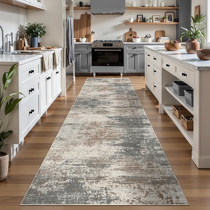 Ciicool 2'6"x10' Washable Runner Rug, Modern Abstract Hallway Rugs Runner, Non-Slip Thin Accent Rug Lightweight Grey Brown Distressed Carpet Runners for Laundry Entryway Bedroom Kitchen Indoor