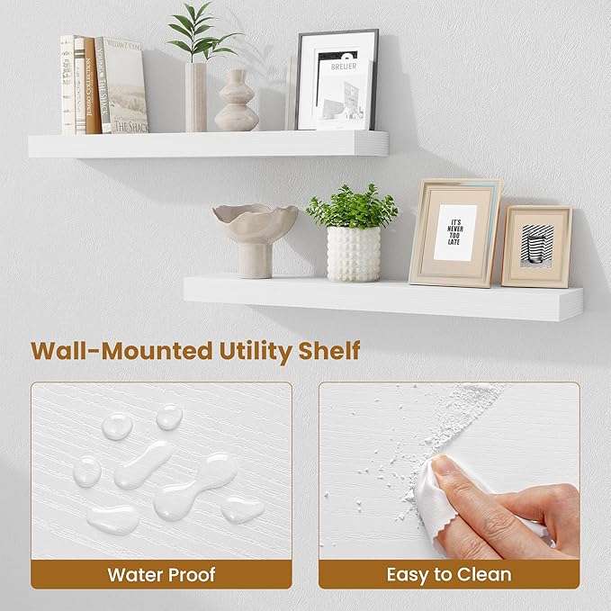 Fun Memories Bathroom Shelves 32 Inch Long Set of 2, Floating Shelves for Wall with Invisible Brackets, for Bedroom, Living Room, Kitchen, White