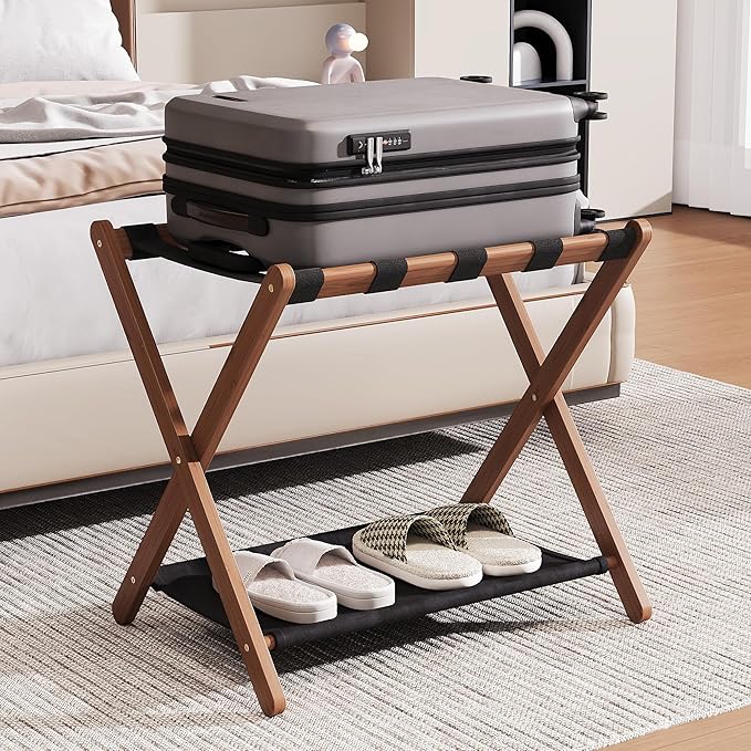 26.77" Full Assembled Luggage Rack for Guest Room, Set of 1 Bamboo Foldable Suitcase Stand, Bedroom & Hotel, Folding Luggage Holder with 5 Nylon Straps, 600D Oxford Fabric Shelf Walnut