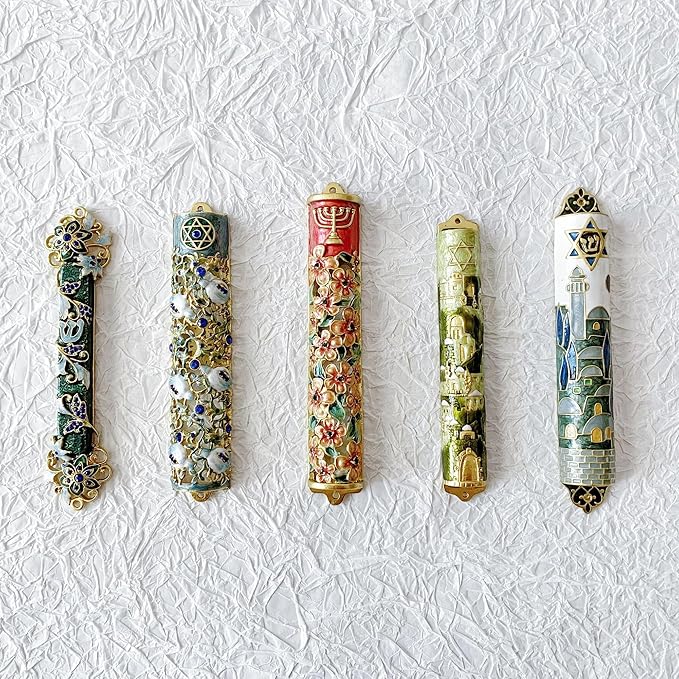 Hand Painted Mezuzah, Exquisite Enamel Mezuzah with Star of David and Blue Crystal Accent