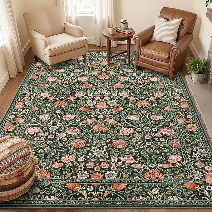 GarveeHome Dark Green Vintage Floral Washable 5x7 Area Rugs for Living Room Boho Botanical Retro Rug Low Pile Stain Resistance Non Slip Carpet for Bedroom Nursery Dining Room