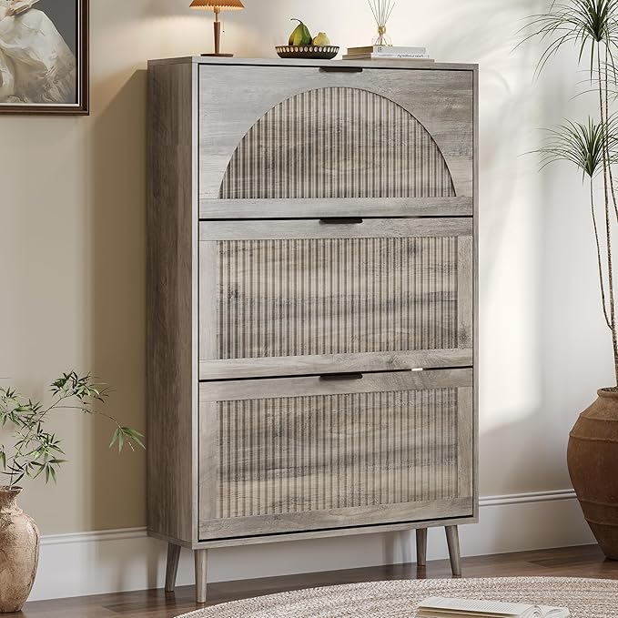 Shoe Cabinet for Entryway with 3 Flip Drawers, Slim Wooden Shoe Storage Organizer with Modern Fluted Pannel，Freestanding Narrow Hidden Shoe Rack for Hallway, Foyer, Living Room