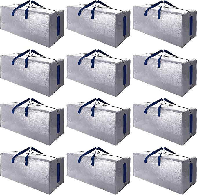 SWEET DOLPHIN 12 Pack Extra Large Moving Bags with Strong Zippers & Carrying Handles, Heavy Duty Storage Tote for Space Saving Moving Storage, Fold Flat, Alternative to Moving Box (Silver)