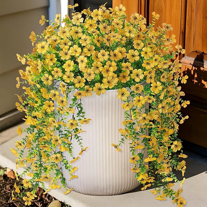 Artificial Hanging Flowers for Outdoors Faux Plants Decoration, 2 Packs Fake Silk Daisy Flower Realistic Outdoor Flowers UV Resistant Porch Patio Window Yard Outside Decor(Yellow)