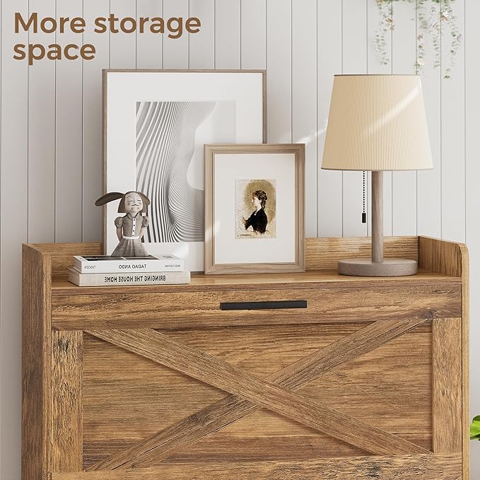 32" W Farmhouse Shoe Storage Cabinet with 2 Flip Drawers and Barn Door Design, Adjustable Shelves, Hidden Slim Narrow Shoe Rack Cabinet for Entryway, Foyer, Hallway, Living Room, Rustic Walnut