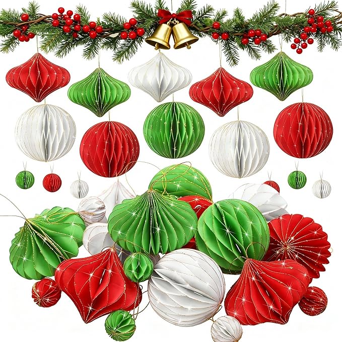 TecUnite 50 Pcs Christmas Paper Honeycomb Ornaments for Tree Vintage 3D Mini Glitter Edge Paper Christmas Ornament Honeycomb Tree Hanging Neutral Boho Holiday Xmas Party Decoration(Red White Green)