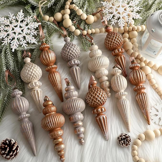 Yunlly 9 Pcs Neutral Christmas Ornaments Textured Christmas Tree Decor with Hanging Loop Modern Brown Hanging Finial Ornaments Shatterproof Home Decor for Xmas Vintage Rustic Farmhouse (Coffee Color)