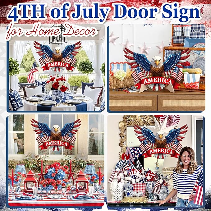 Wooden 4th of July Decoration Door Wreath for Front Door Sign America Eagle Wall Signs,250 Anniversary Independence Day Patriotic Day Wreath Welcome Memorial Day Hanging for Home Party Outdoor Indoor