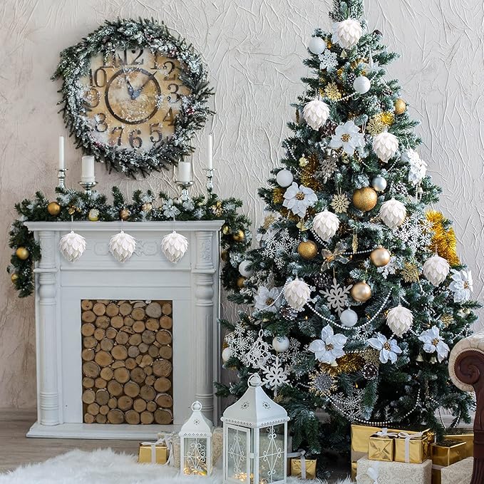 Jetec 8 Pieces Christmas Ornaments Glitter Christmas Tree Hanging Decoration Decorative Artificial Pine Cones Flowers Hanging Ornaments for Winter Wreath Holiday Decor(White)