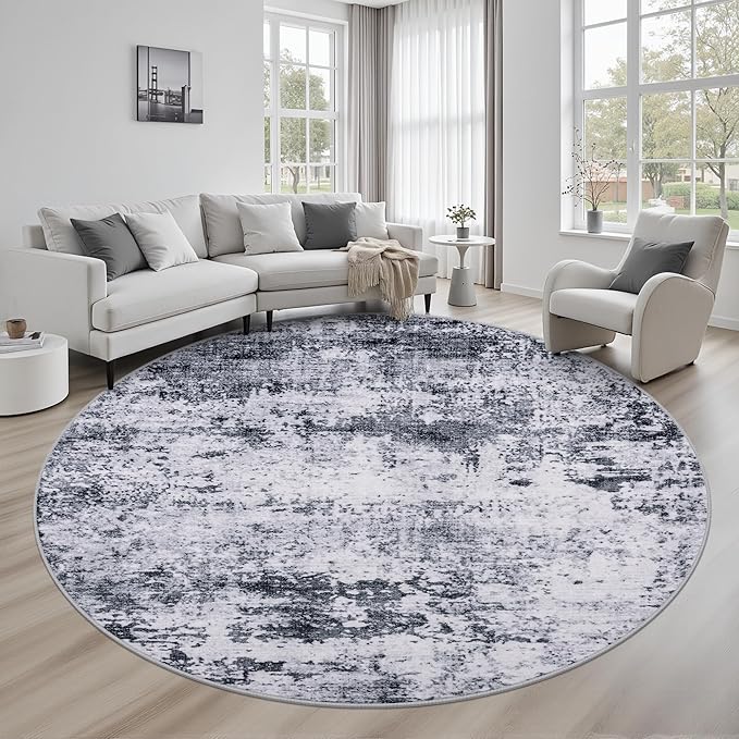 Round Area Rug for Living Room: 8 ft Washable Modern Abstract Soft Thin Rug Indoor Floor No Slip Stain Resistant Carpet for Bedroom Dining Room Farmhouse Nursery Home Office - Grey