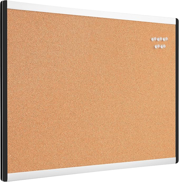 Amazon Basics Cork Bulletin Board, 23" x 17", Lightweight, Easy to Mount, Aluminum/Plastic Frame