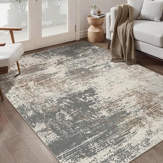 Ciicool Abstract Area Rug Indoor, 3x5 Washable Entryway Rug, Modern Soft Throw Rug with Non-Slip Backing for Bedroom Living Room Entrance Kitchen, Non-Shedding Low-Pile Floor Carpet Doormat Grey Beige