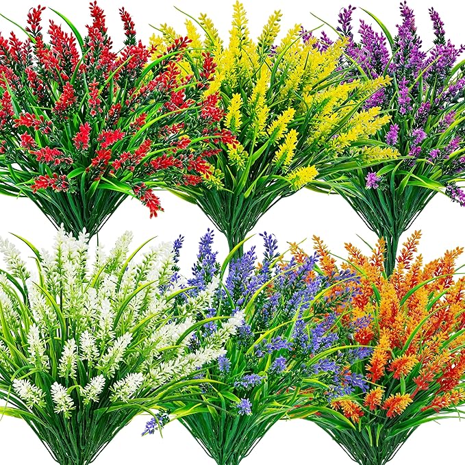 Der Rose 24 Bundles Artificial Flowers for Outdoors Fake Lavender Flowers UV Resistant Faux Plants Monkey Grass for Garden Porch Fence Patio Window Box Decor（Colorful）