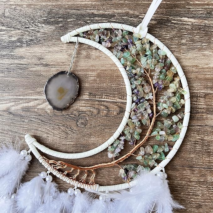 Moon Dream Catchers with Chakra Gemstone Agate Stone, Crystal Tree Life Dream Catchers Wall Hangings Room Decor (White)