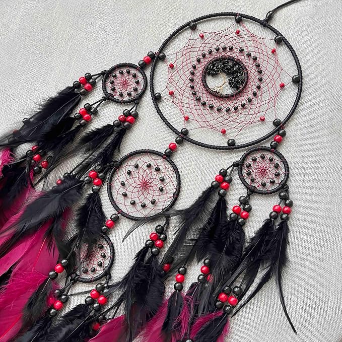 Large Dream Catchers, Boho Handmade Native Macrame Dream Catchers Wall Hanging for Bedroom Living Room Dorm Room Decor, Adults Wedding Party Decor, Festival Blessing Gift (Red & Black)