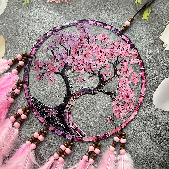Dream Catcher Wall Hanging Decor for Bedroom Aesthetic, Handmade Traditional Wall Art with Feathers for Living Room, Nursery, Good Vibes Gift for Women,Girls,Home Decoration Wedding Party (Pink Tree)