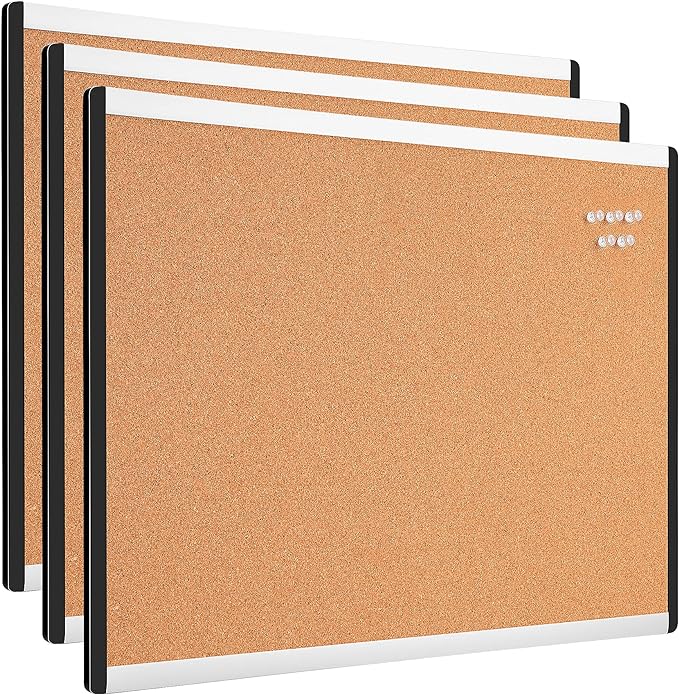 Amazon Basics Cork Bulletin Board, 17" x 23", Pin Board for Office & Home, Wall Organizer with Aluminum Frame, Lightweight, Easy to Install, 3-Pack