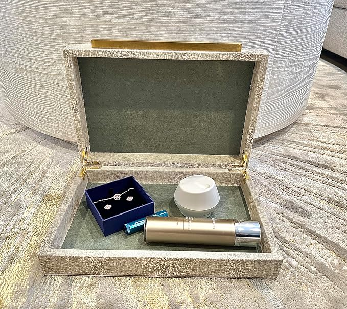 Kingflux Ivory Shagreen Decorative Box For Keepsake And Memory, Faux Leather Storage Box Jewelry Organizer Wooden Home Organizer Box For Accessory With Brushed Gold Handle (Ivory)