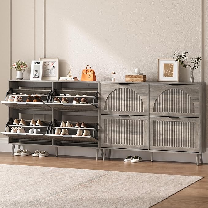 Shoe Cabinet for Entryway with 4 Flip Drawers, Slim Wooden Shoe Storage Organizer with Modern Fluted Pannel，Freestanding Narrow Hidden Shoe Rack for Hallway, Foyer, Living Room