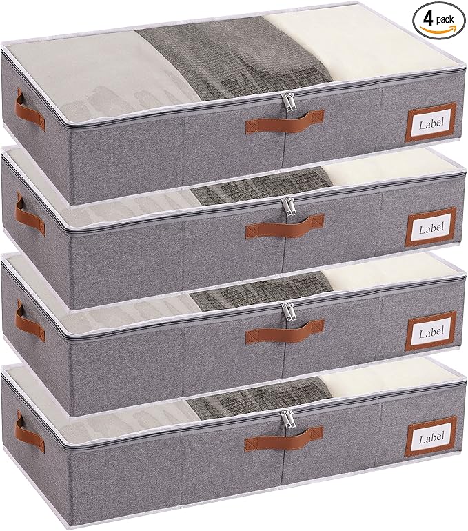 Yawinhe Under Bed Storage, 4 Pack Closet Organizers, Collapsible Container Bags, with Sorting Card Slot and 4 Leather Handles, for Blanket, Bedding, 23.6''Lx11.8''Wx6''H, Grey