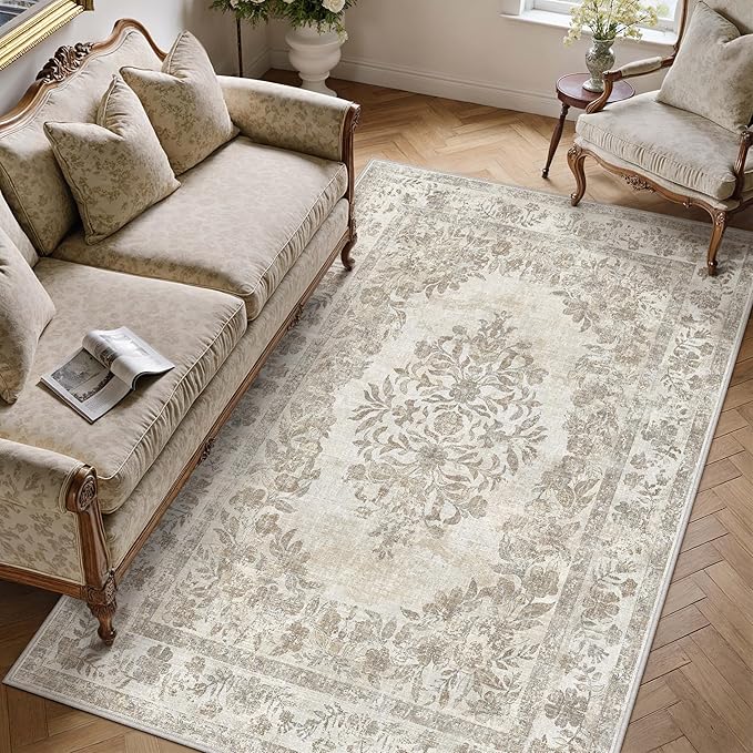 5x8 Area Rug Beige Washable Vintage Distressed Living Room Carpet Large Bedroom Indoor Neutral Medallion Floral Non Slip Retro Throw Floor Mat for Office Dining Room Kitchen Bathroom
