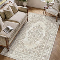 4x5 Area Rug Beige Washable Office Vintage Distressed Carpet Bedroom Indoor Neutral Medallion Floral Living Room Non Slip Retro Throw Floor Mat for Dining Room Kitchen Bathroom