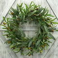 AMF0RESJ 20 inches Artificial Green Olive Wreath Greenery Wreath with Olive Leaves, Bean for Front Door Indoor Outdoor Farmhouse Home Wall Window Festival Wedding Decor, White Gift Box Included
