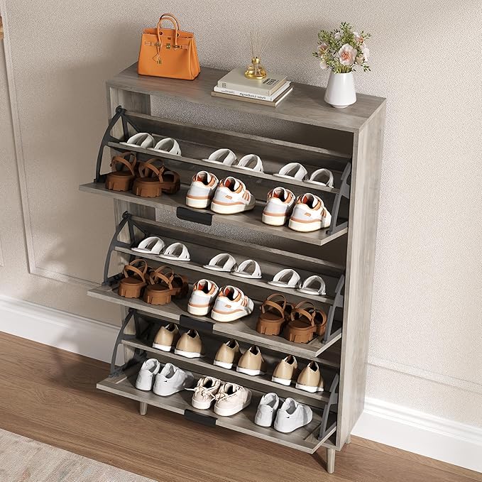 Shoe Cabinet for Entryway with 3 Flip Drawers, Slim Wooden Shoe Storage Organizer with Modern Fluted Pannel，Freestanding Narrow Hidden Shoe Rack for Hallway, Foyer, Living Room