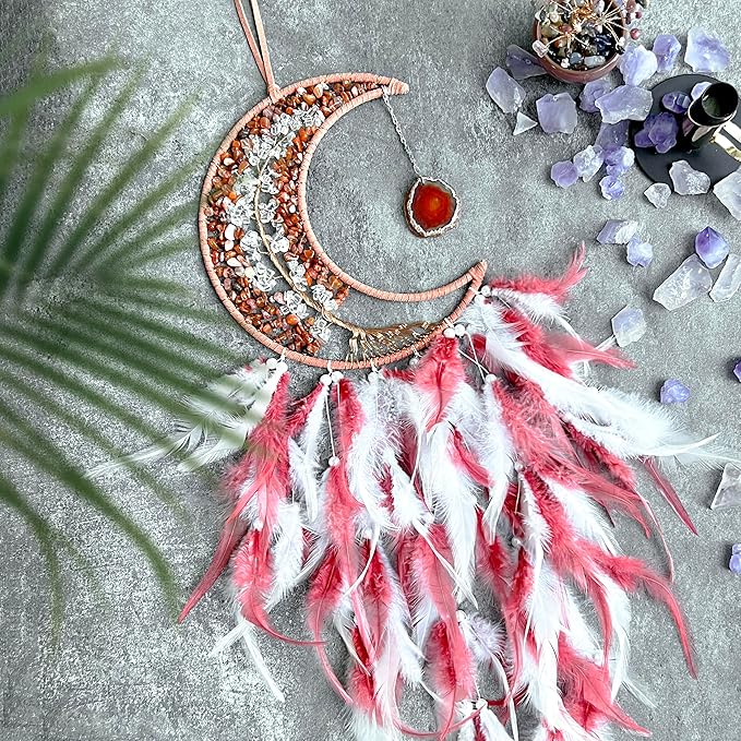 Moon Dream Catchers with Chakra Gemstone Agate Stone, Crystal Tree Life Dream Catchers Wall Hangings Room Decor (Red)