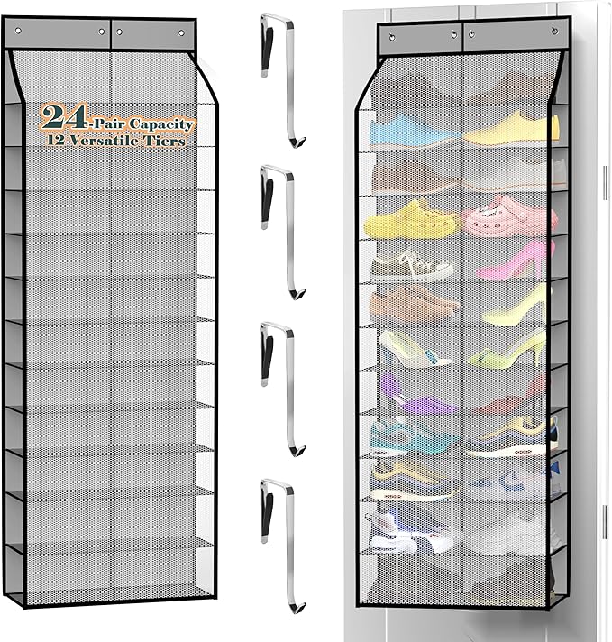 24-Pair Over Door Shoe Organizer for Family & Kids, Double Sided | Hanging Storage for Sneakers, Boots, Toys & Room Organization-Graphite Gray