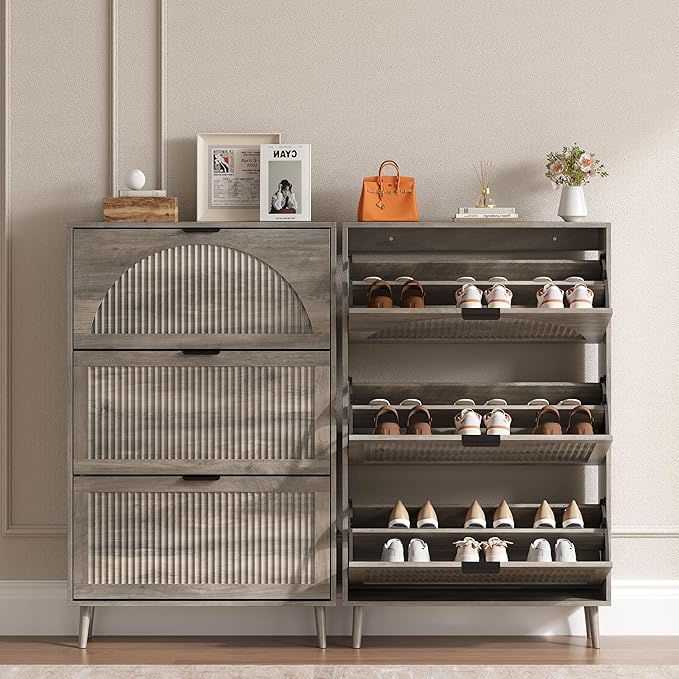 Shoe Cabinet for Entryway with 3 Flip Drawers, Slim Wooden Shoe Storage Organizer with Modern Fluted Pannel，Freestanding Narrow Hidden Shoe Rack for Hallway, Foyer, Living Room