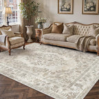 5x7 Area Rug Beige Washable Vintage Distressed Living Room Carpet Large Bedroom Indoor Medallion Floral Non Slip Retro Throw Floor Mat for Office Dining Room Kitchen Bathroom