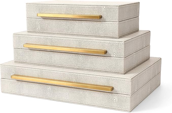 BAALTTO RUNYAO Kingflux Faux Ivory Shagreen Leather Set of 3 Pcs Decorative Boxes, Storage Boxes Jewelry Organizer, Men's Accessory Organizer (Ivory)
