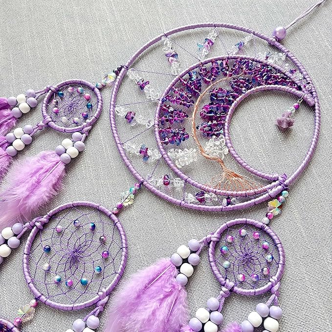 Large Dream Catchers, Handmade Woven Moon Healing Crystal Stone Dream Catcher Wall Hanging Ornament for Bedroom Living Room Wedding Party Decor, Festival Blessing Craft Gift (Purple Moon)