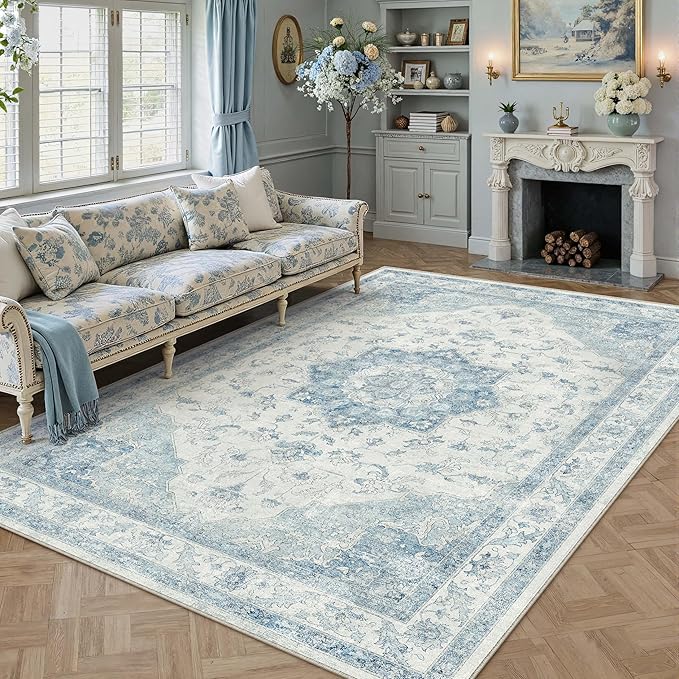Blue Area Rug 8x10 Washable Vintage Carpet for Living Room Bedroom Large Soft Retro Low Pile Thin Indoor Rug Non Slip Oriental Medallion Floor Cover for Dining Room Office