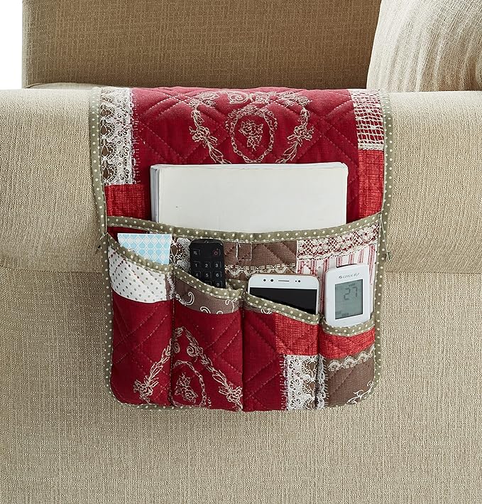 Brilliant Sunshine Burgundy Floral Patchwork Couch Armrest 5 Pockets Organizer, Slip Resistant Armchair Caddy, Washable Remote Controls Holder, Storage for Magazine, Tablet, iPad, 35×13", Burgundy