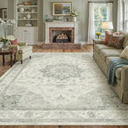Green Area Rug 6x9 Washable Living Room Carpet Vintage Non Slip Soft Bedroom Indoor Office Retro Low Pile Thin Oriental Medallion Large Rug for Dining Room Playroom