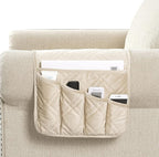 Brilliant Sunshine Beige Velvet Couch Armrest 5 Pockets Organizer, Slip Resistant Recliner Armchair Caddy, Washable Remote Controls Holder, Storage for Magazine, Tablet, Phone, 35×13", Beige Natural