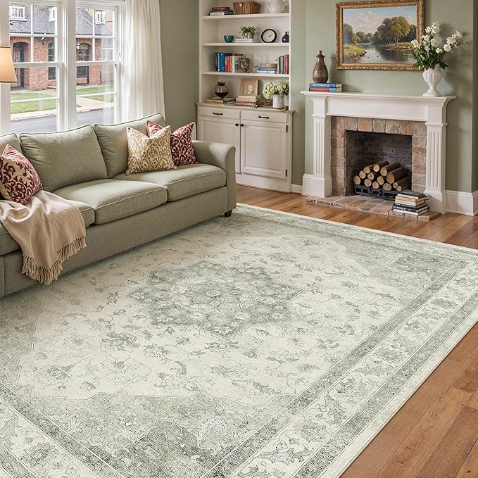 Green Area Rug 8x10 Washable Living Room Carpet Vintage Non Slip Soft Bedroom Indoor Office Retro Low Pile Thin Oriental Medallion Large Rug for Dining Room Playroom