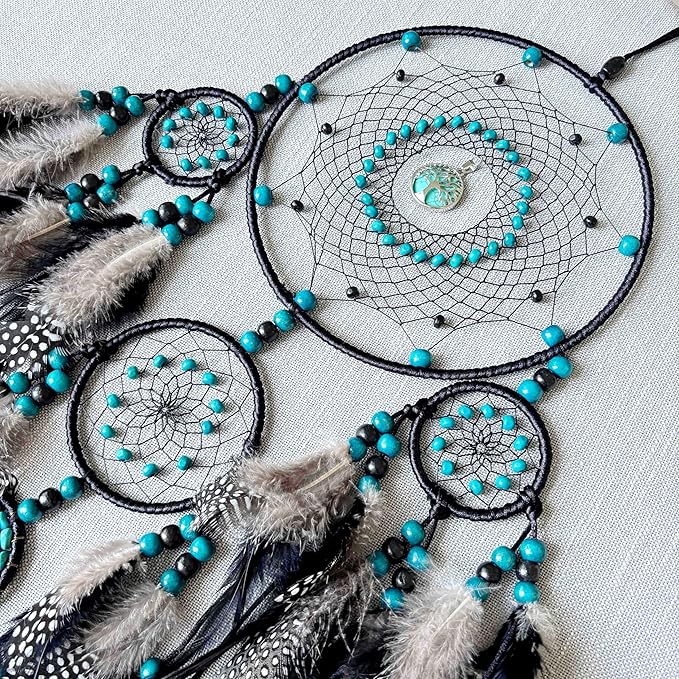 Large Dream Catchers, Boho Handmade Woven Black Dream Catchers Wall Hanging for Bedroom Living Room Dorm Room Decor, Adults Wedding Party Decor, Festival Blessing Gift (Turquoise & Black)