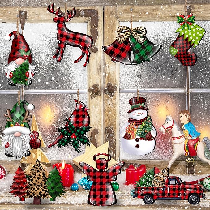 JOPHMO 24 Pieces Christmas Wood Ornaments Snowflake Gnome Snowman Truck Wooden Hanging Ornaments Christmas Tree Cutouts Wood Crafts Holiday Decor Xmas Party Supplies (Xmas-Mixed-A)