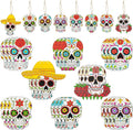 Haooryx Halloween Day of the Dead Ghost Wooden Hanging Ornaments - 25Pcs Sugar Skulls Wood Pendent Decoration Mexican Fiesta Dia de Los Muertos Skull Skeleton Tag for Tree Halloween Party Favor Supply