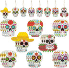 Haooryx Halloween Day of the Dead Ghost Wooden Hanging Ornaments - 25Pcs Sugar Skulls Wood Pendent Decoration Mexican Fiesta Dia de Los Muertos Skull Skeleton Tag for Tree Halloween Party Favor Supply