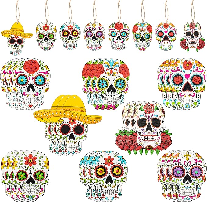 Haooryx Halloween Day of the Dead Ghost Wooden Hanging Ornaments - 25Pcs Sugar Skulls Wood Pendent Decoration Mexican Fiesta Dia de Los Muertos Skull Skeleton Tag for Tree Halloween Party Favor Supply