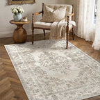 3x4 Area Rug Beige Washable Office Vintage Distressed Carpet Bedroom Indoor Neutral Medallion Floral Living Room Non Slip Retro Throw Floor Mat for Dining Room Kitchen Bathroom