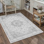 Gray Area Rug 4x5 Washable Vintage Carpet Entryway Office Soft Retro Kitchen Low Pile Thin Door Mat Non Slip Grey Oriental Medallion Throw Small Rug for Bathroom Bedroom Dining Living Room